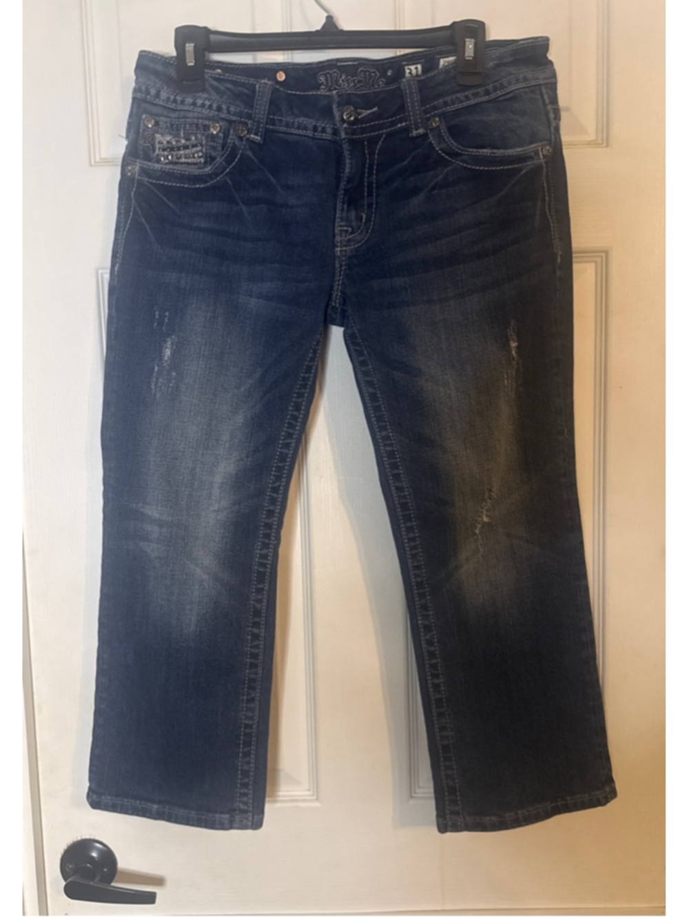 Miss Me Blue Ankle & Cropped Jeans Size 31 with Silver Embellishments